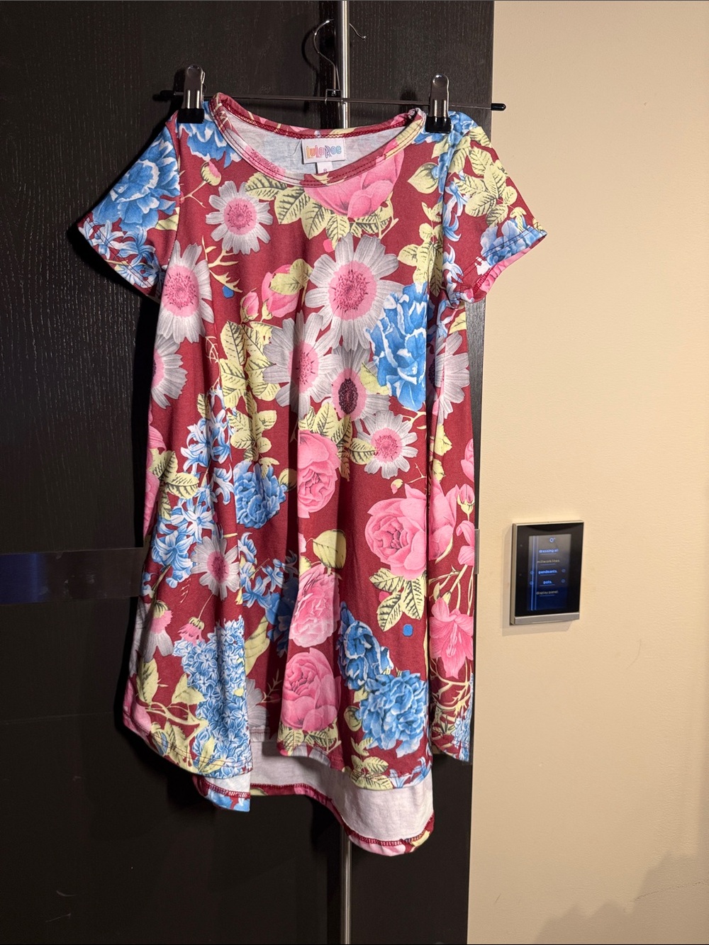 LuLaRoe Girls' Floral Swing Dress - Pink, Blue & Yellow on Burgundy